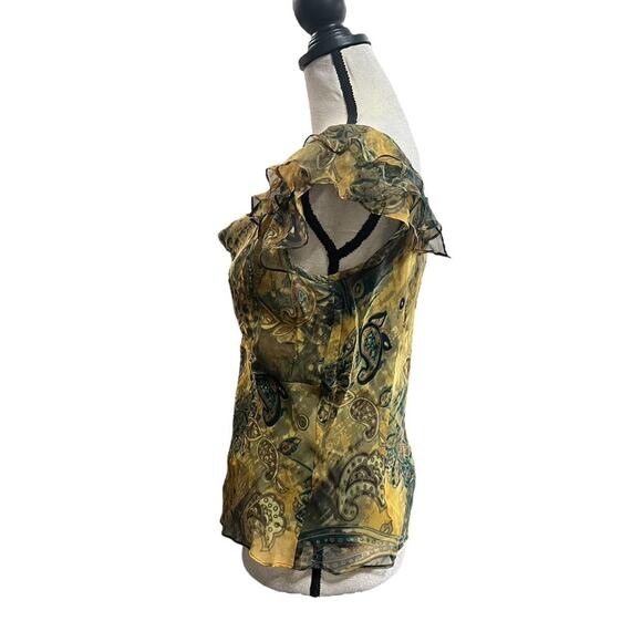 VTG Y2K Ice Yellow Multicolor Paisley Pattern Flutter Sleeve Cowl Neck Top M - Picture 3 of 5